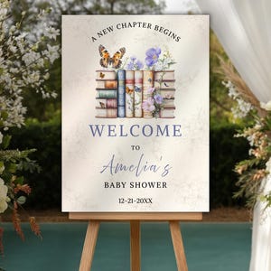 A New Chapter Begins Baby Shower Welcome Sign, Storybook Themed Baby Shower Welcome Board, Babyshower, Book Theme Canva Template