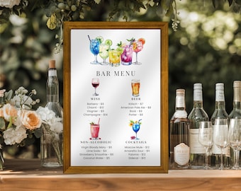 ウェディング バー メニュー サイン テンプレート、特製ドリンク Canva テンプレート、彼と彼女のドリンク、カクテル メニュー、即時ダウンロード