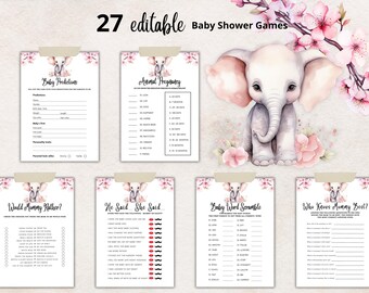 May include: A set of 27 printable baby shower games featuring a cute elephant illustration with pink cherry blossoms. The games include Baby Predictions, Animal Pregnancy, Would Mommy Rather, He Said She Said, Baby Word Scramble, and Who Knows Mommy Best.