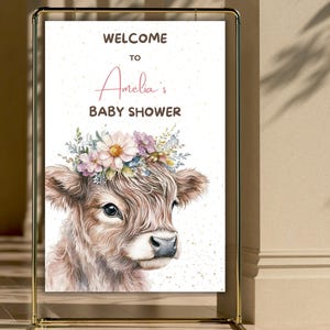 Highland Cow Baby Shower Welcome Sign, Highland Cow Boho Themed Baby Shower Welcome Board, Flowers Babyshower, Editable Canva Template