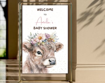Cartello di benvenuto per baby shower con mucca delle Highlands, cartello di benvenuto per baby shower a tema boho con mucca delle Highlands, babyshower con fiori, modello Canva modificabile