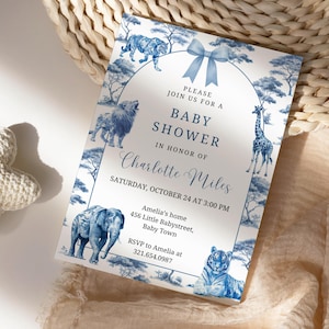 Blue Toile Safari Baby Shower Invitation, Toile de Jouy Baby Shower Invite, Editable Dusty Blue Baby Shower Evite, Canva Template PM015B