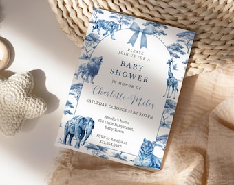 Blue Toile Safari Baby Shower Invitation, Toile de Jouy Baby Shower Invite, Editable Dusty Blue Baby Shower Evite, Canva Template PM015B