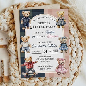 Ralph Lauren Inspired Gender Reveal Invitation, Classic Plaid Tartan Invite, Equestrian Polo Club Baby Shower Evite, Canva Template PM035B