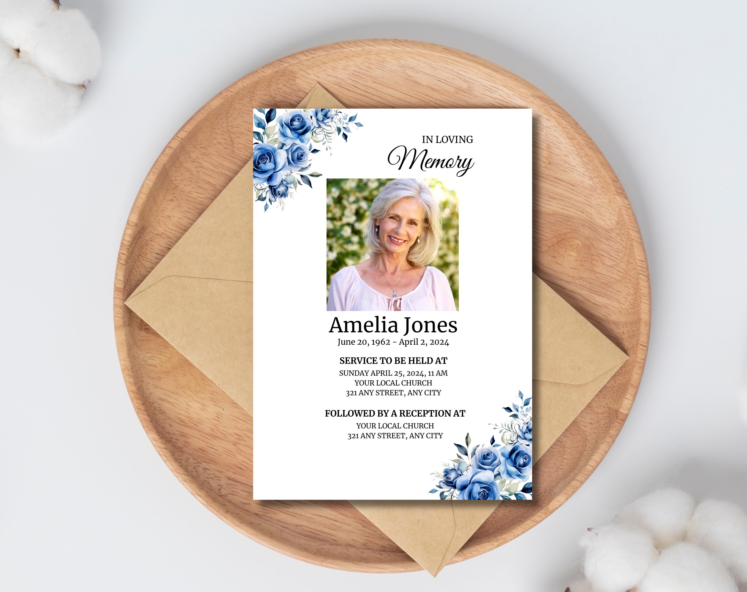 Editable Celebration of Life Invitation, Blue Roses Funeral Invitation ...