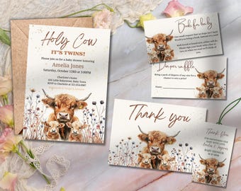 Twin Highland Cow Baby Shower Invitation Bundle, Holy Cow It's Twins Baby Shower Invite, Farm, Ranch, Editable, Printable Canva Template