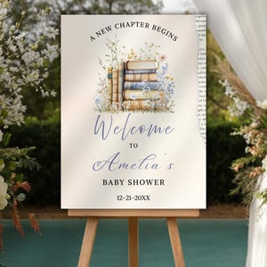 A New Chapter Begins Baby Shower Welcome Sign, Storybook Themed Baby Shower Welcome Board, Babyshower, Book Theme Canva Template
