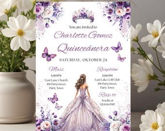 Puede incluir: Invitación de Quinceañera con un diseño de acuarela, que presenta a una joven con un vestido lavanda. La invitación incluye el nombre "Charlotte Gomez" y detalles del evento, con detalles florales y mariposas moradas.
