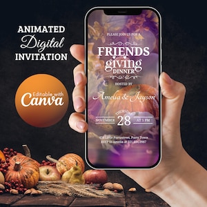 Friendsgiving-Dinner-Einladung, Thanksgiving-Dinner-Einladung, bearbeitbare animierte digitale Einladung, bearbeitbare Canva-Vorlage