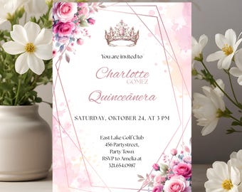 Edytowalne zaproszenie na quinceañera w kolorze różowo-złotym: Kwiatowe akwarelowe róże PM001Q