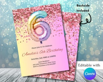 Editable Girls 6th Birthday Invitation, Rainbow Glitter Birthday Invitation Template, Girls Invitation Instant Download Canva Template