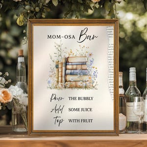 Un nouveau chapitre commence la fête prénatale de maman, panneau imprimable menu Momosa Bar, livre d'histoires Baby Shower bar panneau, modèle Canva