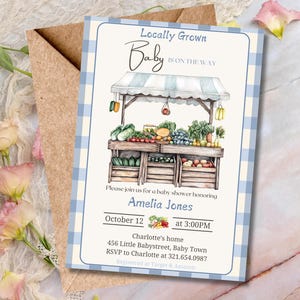Locally Grown Baby Shower Invitation, Editable Farmers Market Baby Shower Invite, Fruit and Vegetables Baby Shower Invite, Canva Template