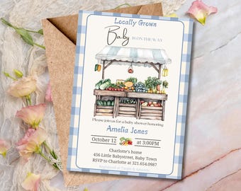 Locally Grown Baby Shower Invitation, Editable Farmers Market Baby Shower Invite, Fruit and Vegetables Baby Shower Invite, Canva Template
