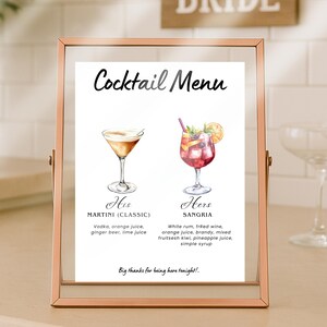 Wedding reception Cocktail Menu Sign Template, Signature Drinks Canva Template, His And Hers Drinks, Bar Menu, Instant Download