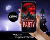 Animated digital halloween game night invitation, Halloween haunted house party video invite, Gothic Horror eCard, Editable Canva Template