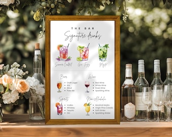 ウェディング バー メニュー サイン テンプレート、特製ドリンク Canva テンプレート、彼と彼女のドリンク、カクテル メニュー、即時ダウンロード