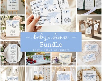 May include: A baby shower bundle featuring various stationery items with a travel theme. Includes invitations, menu cards, cupcake toppers, and a welcome sign. The color scheme is primarily blue and white, with world map graphics.