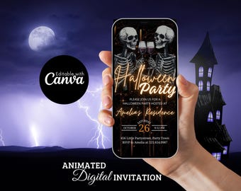 May include: Animated digital invitation for a Halloween party. The invitation features two skeletons toasting with wine glasses against a dark background with a spooky house and lightning bolts. The text reads "Halloween Party" and "Amelia's Residence".