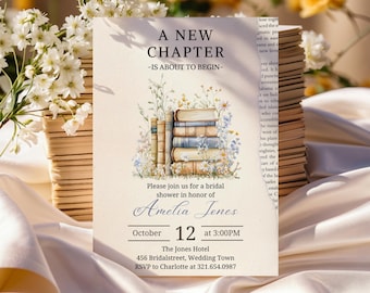 Storybook Bridal Shower Invitation, New Chapter Begins Bridal Shower Invite, Vintage Book Theme Printable, Editable Canva Template PM033W