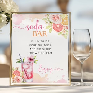 May include: A framed sign with the words "soda BAR" in pink and orange script. The sign includes instructions for making a soda, a watercolor illustration of a soda drink, and floral accents.