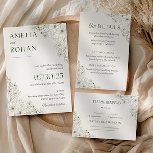 Sage Green Flowers Wedding Invitation Suite with QR Code RSVP, Save the Date, Details Card, Modern Invite Bundle, Canva Template PM007W