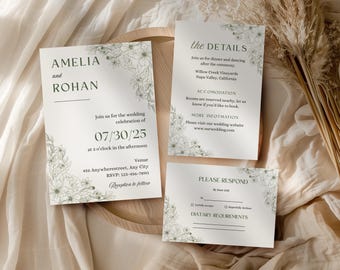 Sage Green Flowers Wedding Invitation Suite with QR Code RSVP, Save the Date, Details Card, Modern Invite Bundle, Canva Template PM007W