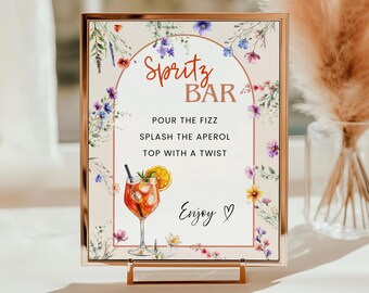 Letrero de bar de Aperol Spritz, letrero de bar para bodas, menú de cócteles de graduación, Limoncello Hugo Spritz, menú de bebidas Wildflower, plantilla imprimible de Canva