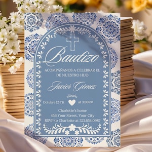Cielito Lindo Baptism Party Invitation, Editable Dusty Blue Digital Spanish Template for Bautizo Celebration, Instant download, Canva PM002D