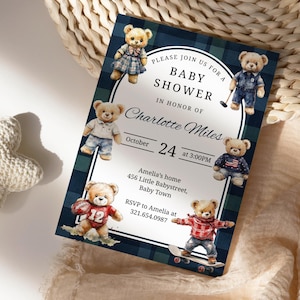 Ralph Lauren Inspired Baby Shower Invitation, Classic Plaid Tartan Invite, Equestrian Polo Club Baby Shower Evite, Canva Template PM012B