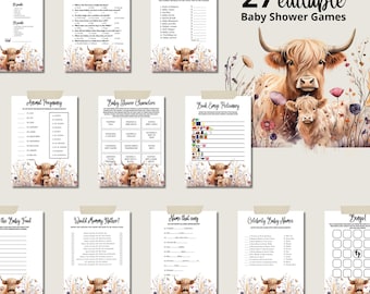 Könnte beinhalten: Ein Set mit 27 druckbaren Babyparty-Spielen mit einer Aquarell-Illustration einer Highland-Kuh und eines Kalbs auf einer Wildblumenwiese. Die Spiele beinhalten "Baby Trivia", "Animal Pregnancy", "Baby Shower Characters", "Book Emoji Dictionary", "The Price is Right", "What's the Baby Food", "Would Mommy Rather", "Name That Song", "Celebrity Baby Names", and "Bingo!"