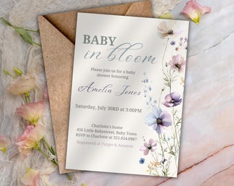 Baby in Bloom Baby Shower Invitation, Edytowalne Wildflower Baby Shower Invitation, Spring Flower Invite, Watercolor Floral Baby Shower