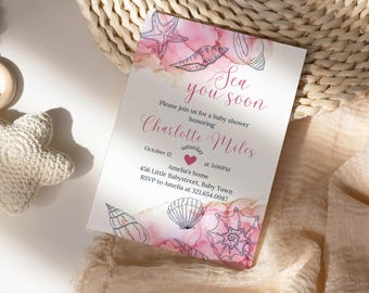 Sea You Soon Baby Shower Invitation, Seashell Theme Baby Shower Invite, Summer Beach Party Baby Shower Evite, Canva Template PM023B