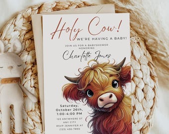 May include: A baby shower invitation with the text "Holy Cow! We're having a baby!" featuring a watercolor illustration of a Highland cow. The invitation includes event details and the name Charlotte Jones.
