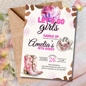 Let&#39;s Go Girls Birthday Invitation Template, Editable Hot Pink Cowgirl Birthday Party, Disco Rodeo Western Invite