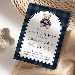 Ralph Lauren Inspired Baby Shower Invitation, Classic Plaid Tartan Invite, Equestrian Polo Club Baby Shower Evite, Canva Template PM013B