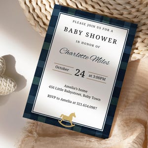 Ralph Lauren Inspired Baby Shower Invitation, Classic Plaid Tartan Invite, Equestrian Polo Club Baby Shower Evite, Canva Template PM014B