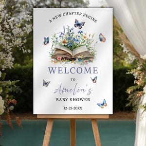 A New Chapter Begins Baby Shower Welcome Sign, Storybook Themed Baby Shower Welcome Board, Babyshower, Book Theme Canva Template