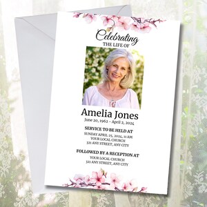 Faire-part de célébration de la vie modifiable, faire-part pour les funérailles de fleurs roses, modèle de service commémoratif pour célébrer la vie de l'invitation de funérailles