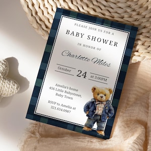 Ralph Lauren Inspired Baby Shower Invitation, Classic Plaid Tartan Invite, Equestrian Polo Club Baby Shower Evite, Canva Template PM011B