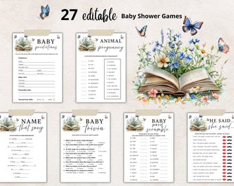 A New Chapter Begins Baby Shower Games Bundle, Storybook Theme Baby Shower Game, Editable Printable Baby Shower Game Pack Canva Template
