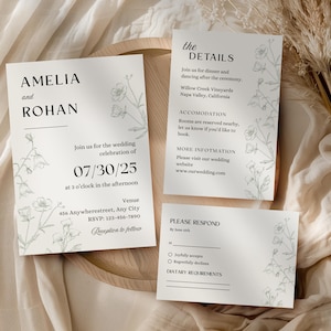 Sage Green Flowers Wedding Invitation Suite with QR Code RSVP, Save the Date, Details Card, Modern Invite Bundle, Canva Template PM005W
