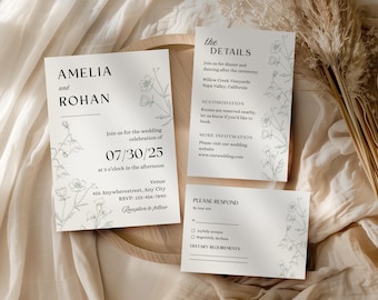 Sage Green Flowers Wedding Invitation Suite with QR Code RSVP, Save the Date, Details Card, Modern Invite Bundle, Canva Template PM005W