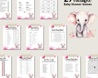 May include: A set of 27 printable baby shower games featuring a pink and white watercolor background with an elephant illustration. The games include "Animal Pregnancy", "Name That Song", "Would Mommy Rather", "Baby Trule", "Baby Word Scramble", "The Price is Right", "Celebrity Baby Names", and "Find the Good Word".