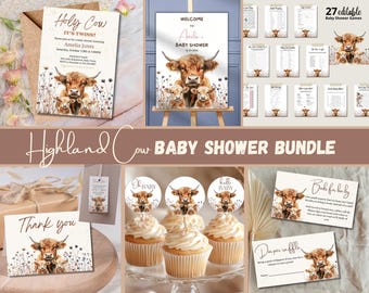 Twin Highland Cow Baby Shower Invitation Bundle, Holy Cow It's Twins Baby Shower Invite, Farm, Ranch, Editable, Printable Canva Template