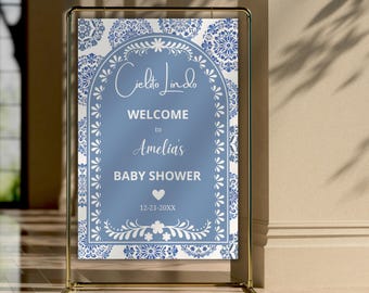 Cielito Lindo Baby Shower Welcome Sign, Mexican Themed Welcome Board, Papel Picado Babyshower, Talavera Theme Canva Template PM042B