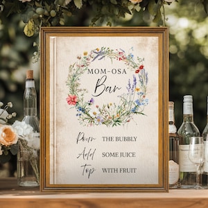Un nouveau chapitre commence la fête prénatale de maman, panneau imprimable menu Momosa Bar, livre d'histoires Baby Shower bar panneau, modèle Canva