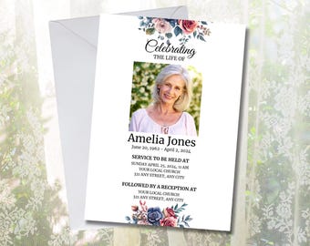 May include: A white memorial card with a floral border and a photo of a woman. The text reads "Celebrating the Life of Amelia Jones June 20, 1962 - April 2, 2024 Service to be held at Sunday April 25, 2024, 11 AM Your Local Church 321 Any Street, Any City Followed by a Reception at Your Local Church 321 Any Street, Any City"