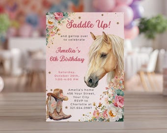 Horse Birthday Invitation: Editable Cowgirl Birthday Party Invite, Equestrian Pony Kids Invitation Canva Template PM023V