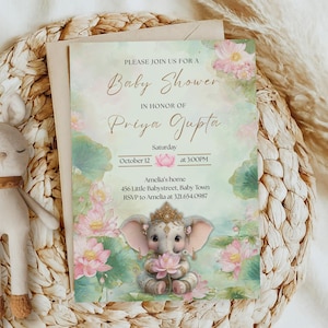 May include: Baby shower invitation featuring a watercolor illustration of a baby elephant holding a lotus flower, surrounded by pink flowers and green leaves. The invitation text reads "Please join us for a Baby Shower in honor of Priya Gupta."